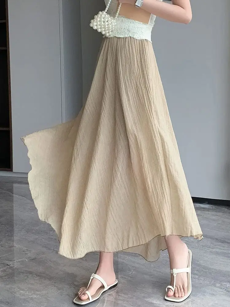 

Women Fashion Solid Color Ankle Length Skirts Casual Elastic High Wasit Skirts Ladies A Line Irregular Hem Skirt