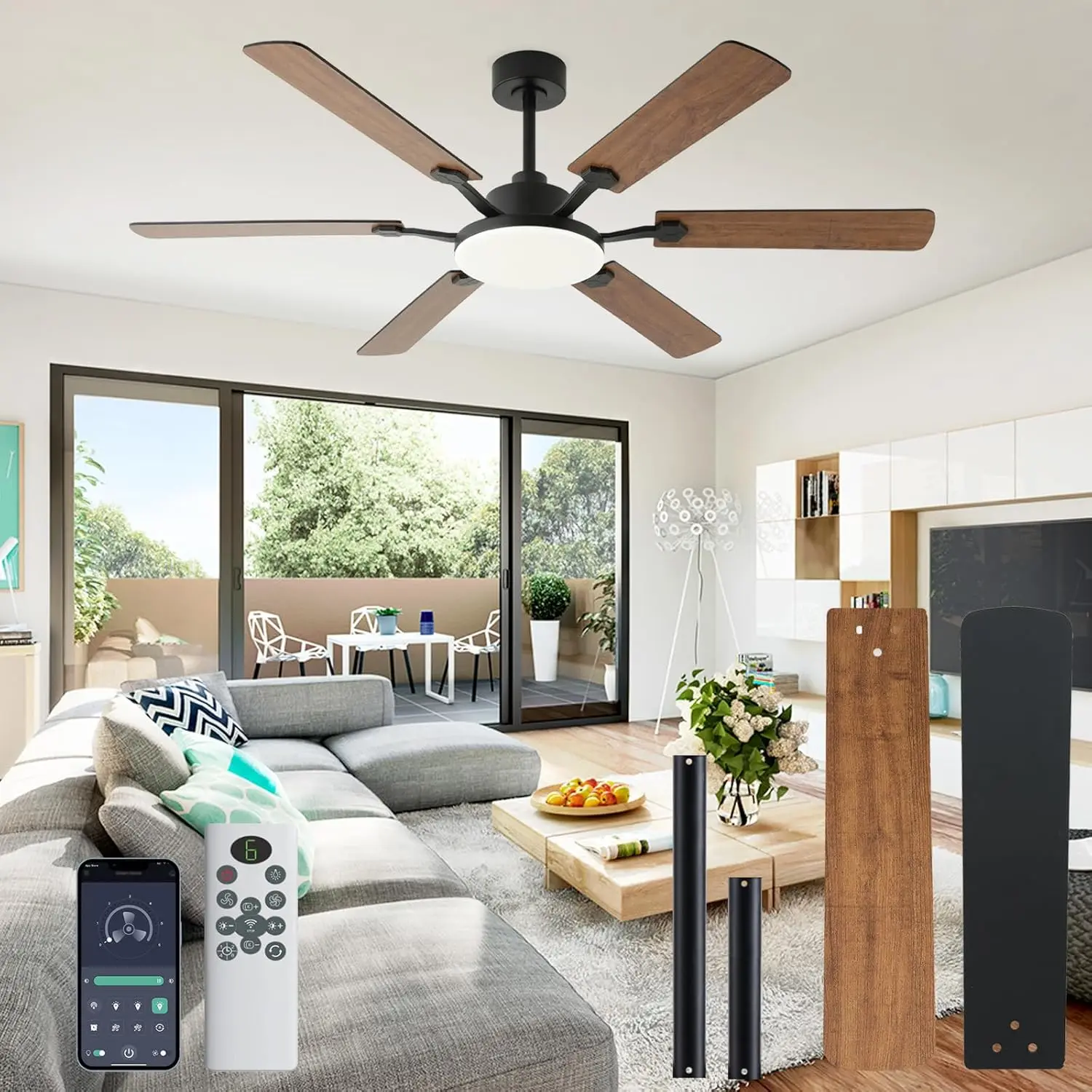 

60 Inch Modern Ceiling Fan with Light, Remote Control, 6 Blades, Reversible Motor for Indoor Outdoor Use