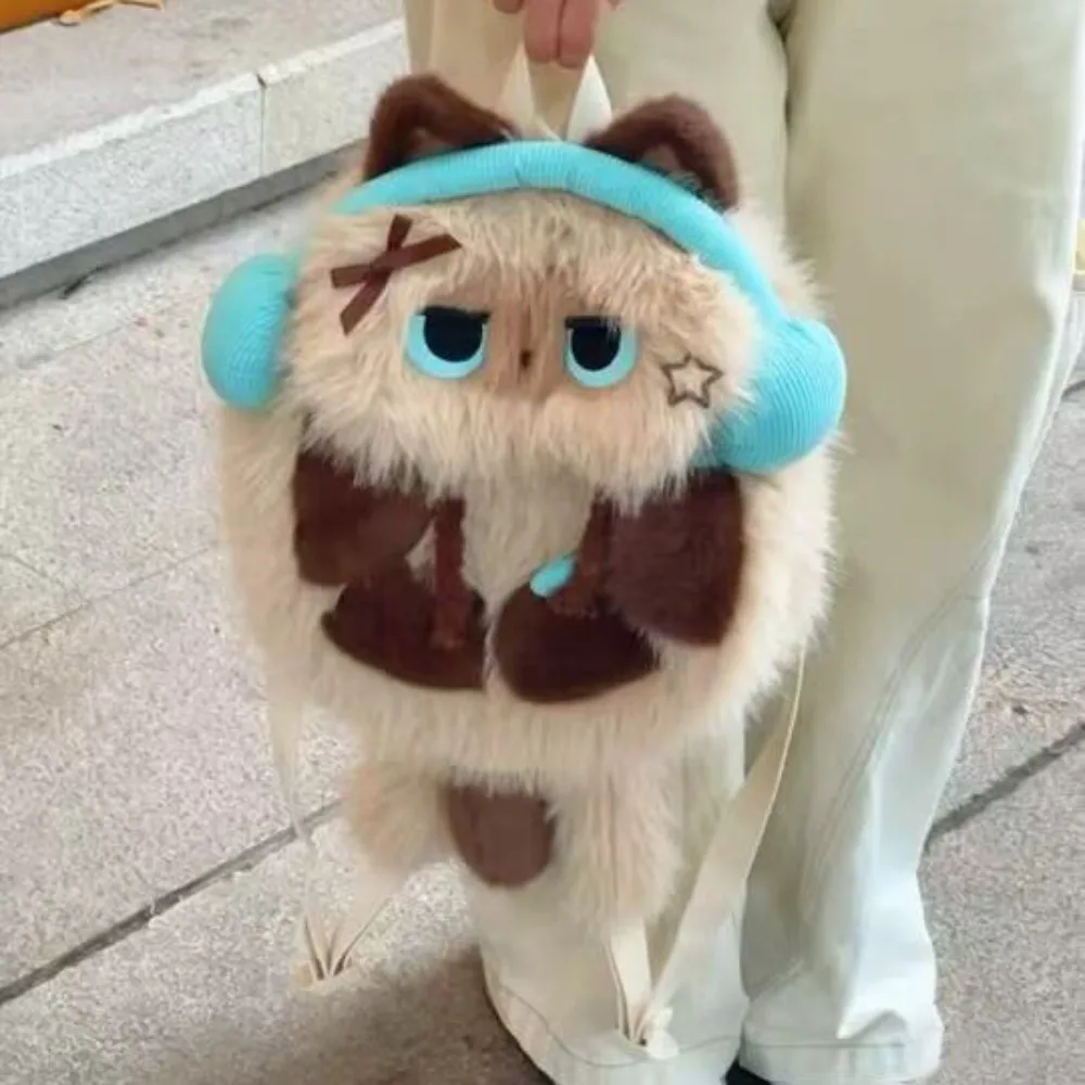 Mochila de Felpa con Diseño de Gato Siamés Kawaii, con Audífonos, Linda Bolsa de Hombro con Simulación de Animal, Aspecto Realista, Suave, para Estudiantes