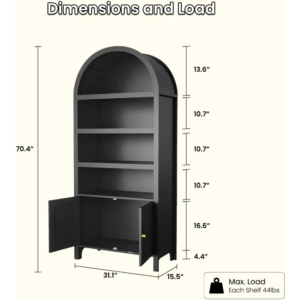 5-Tier Arched Bookcase with Doors and Shelves, Arched Bookshelf with Storage, Kitchen Pantry Cabinet, Wooden Storage Cabinet