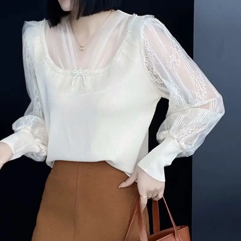 New Women\'s 2024 Spring and Autumn Patchwork V-neck Gauze Lace Bow Fashion Minimalist Casual Lantern Sleeve Long Sleeve Tops