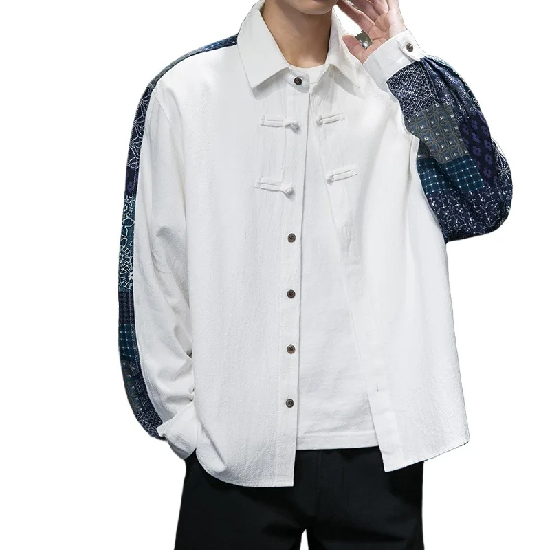 

Autumn Large Size Chinese Wind Cotton and Linen Shirt Retro Button Long Sleeve Shirt Men's Chinese Jacket