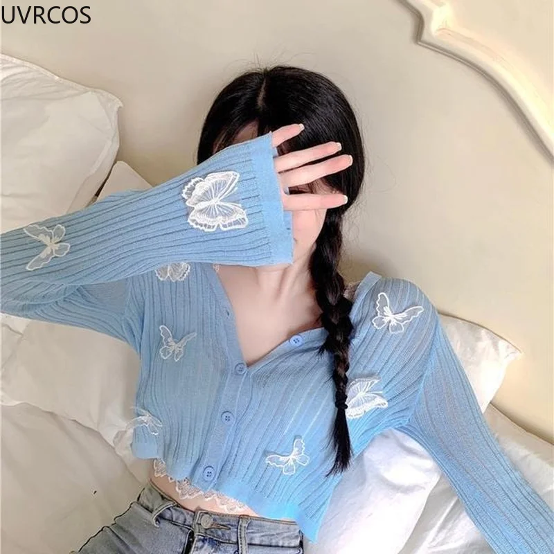 Autumn 2022 Cute Butterfly Knitted Cardigan Women Korean Sexy V-Neck Short Sweater Jacket Summer Long-sleeved Sunscreen Crop Top