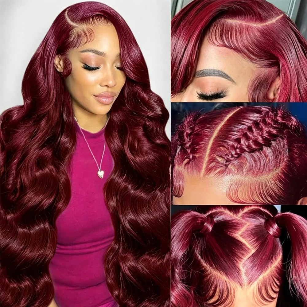 Perruques frontales en dentelle HD 13x4 pré-épilées avec baby hair, densité 250, couleur bordeaux 99J, perruque de cheveux humains ondulés pour femme en promotion