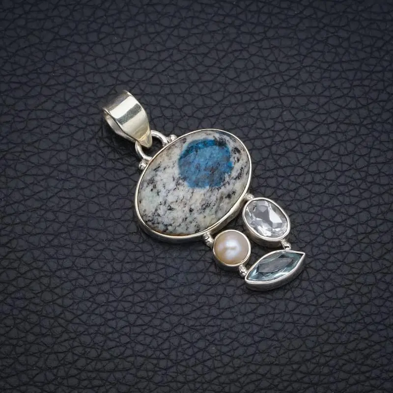 StarGems Natural K2 Azurite&Blue Topaz And River Pearl Handmade 925 Sterling Silver Pendant 1 3/4