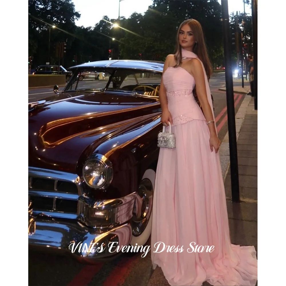 VINES Pink Evening Dress with Beaded Waist Prom Dresses Strapless A Line Formal Dresses Chiffon Party Dress for Women Customized 3