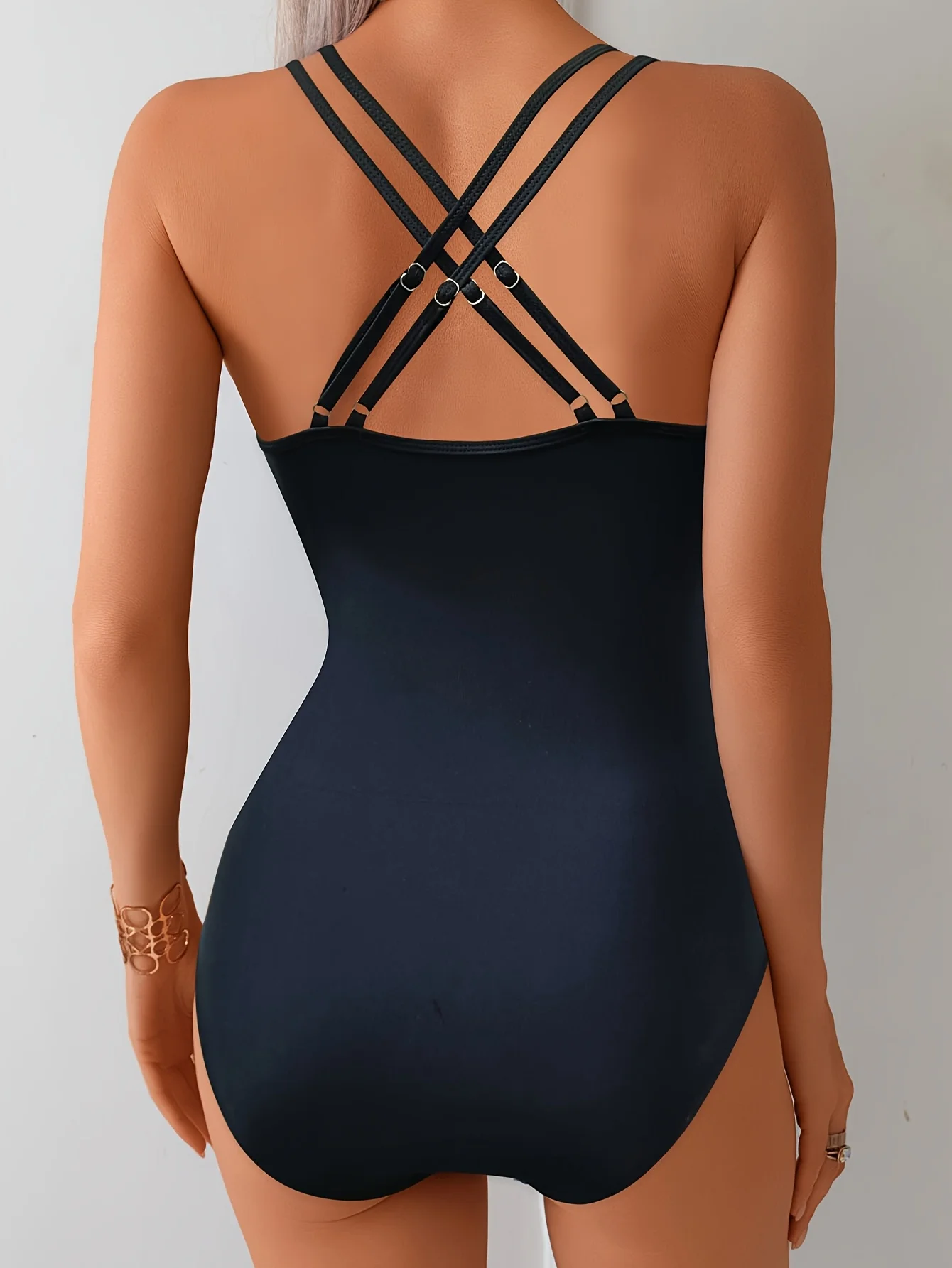 Elegant One Piece Swimsuit for Women, Summer Fashion Solid Color, Cross Strap Detail, Waist-Cinching Design