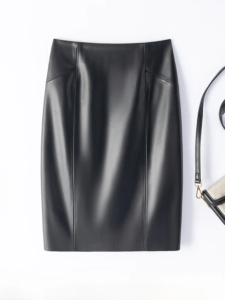 

Autumn Winter New High Waist Genuine Leather Skirt Women's Midi Skirt eepskin f Body Slimming One Step Skirt Casual Sle