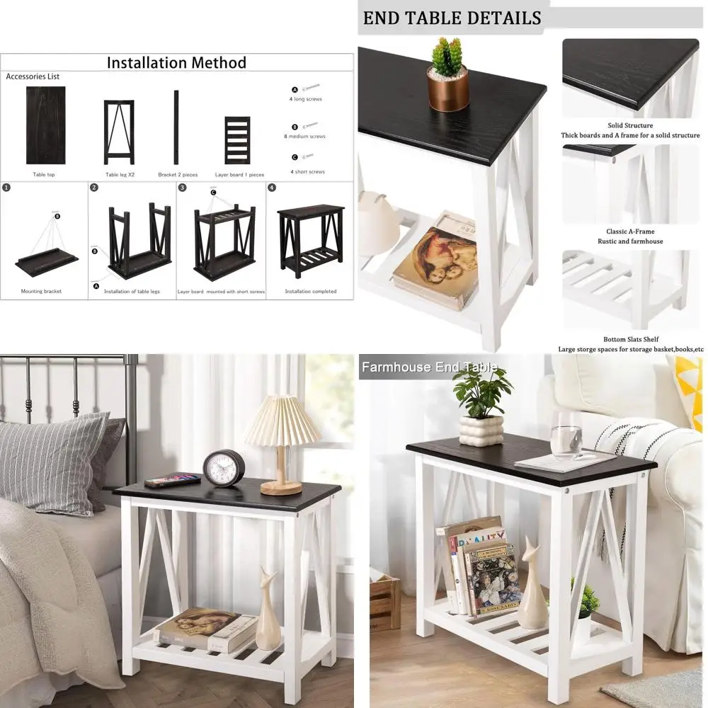 

Узкий деревянный приставной столик с полками - черный/белый, для небольших помещений, гостиной, спальни