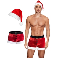 Mens Christmas Lingerie Set Red and White Boxer Briefs with Santa Hat Outfit Holiday Underwear