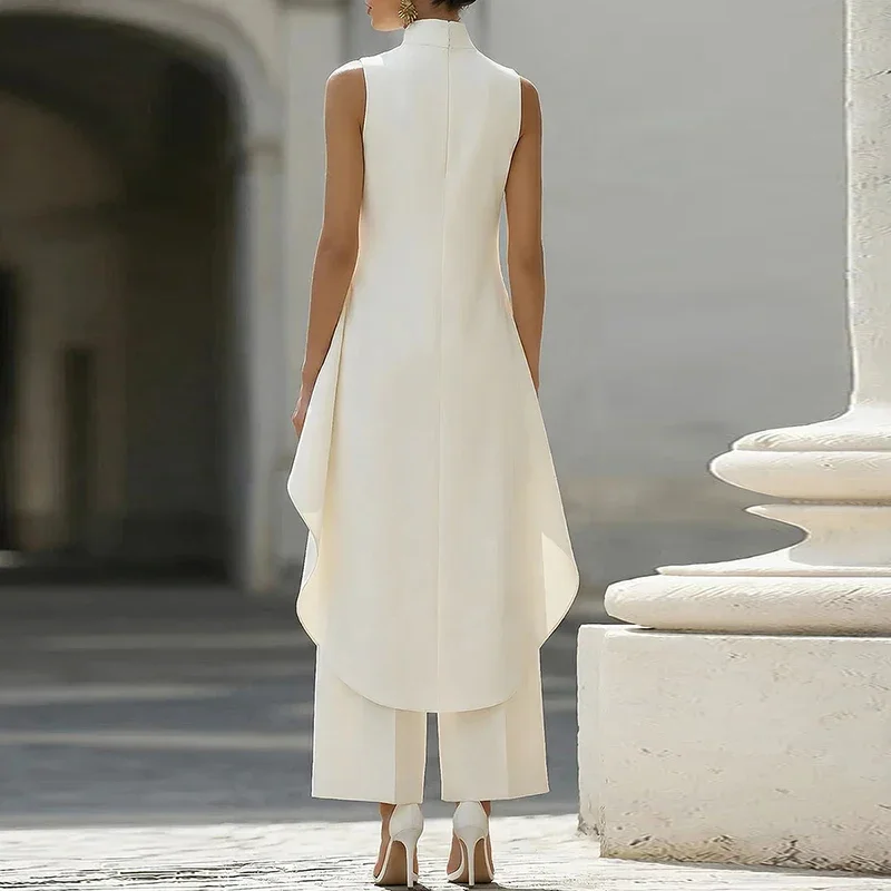 New Elegant Two Piece Set Women O Neck Irregular Sleeveless Shirt Wide Leg Pants Suit Women Fashion Summer Office Outfits White