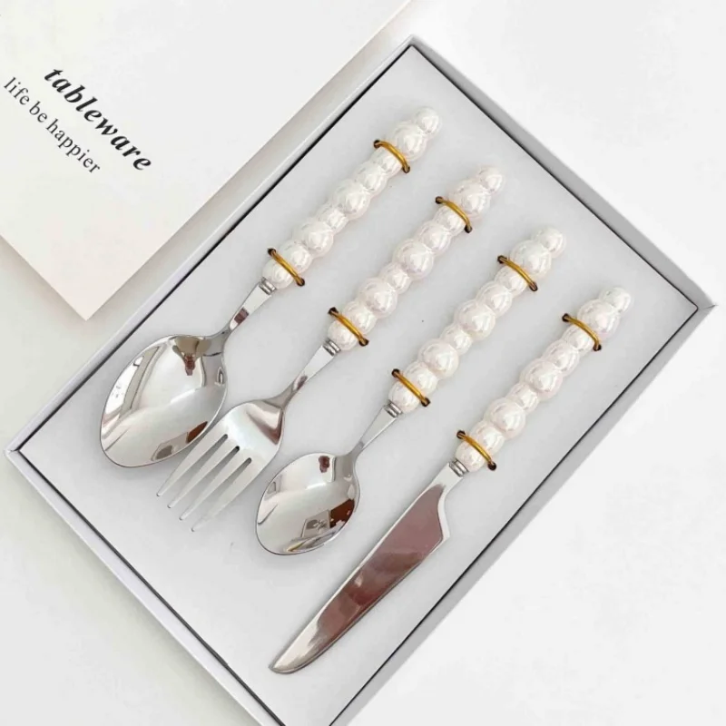 

Elegant Pearl Stainless Steel Cultery Set with Ceramic Handle - Ins Inspired Dinnerware Set for Home Decor And Gifts