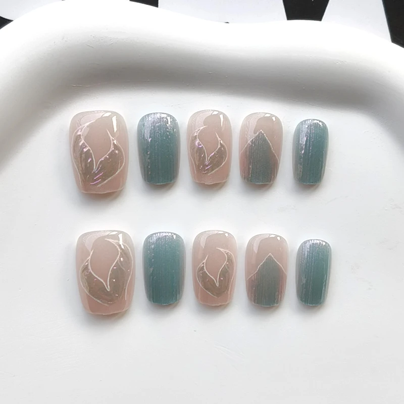10pcs Short T Blue Mermaid Cat\'s Eye Handmade  Press on Nail False Nails Square Head Girl Lady Wearable Detachable Nail Tips