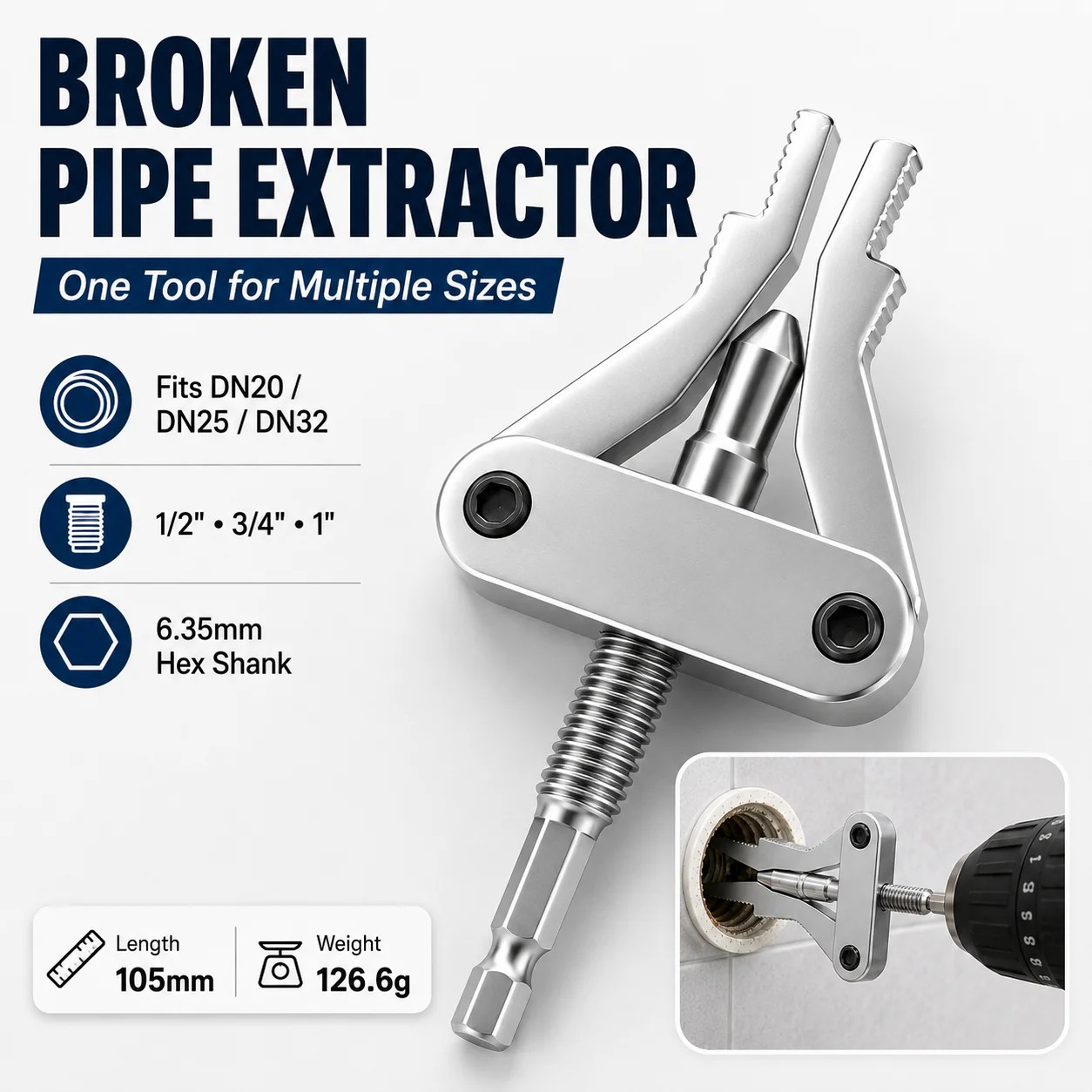 Pipe Extractor Tool, Broken Thread Puller Hex Shank Drill Bit for PPR PVC MPP Pipe Repair, DN20/25/32 1/2 3/4 1 Inch