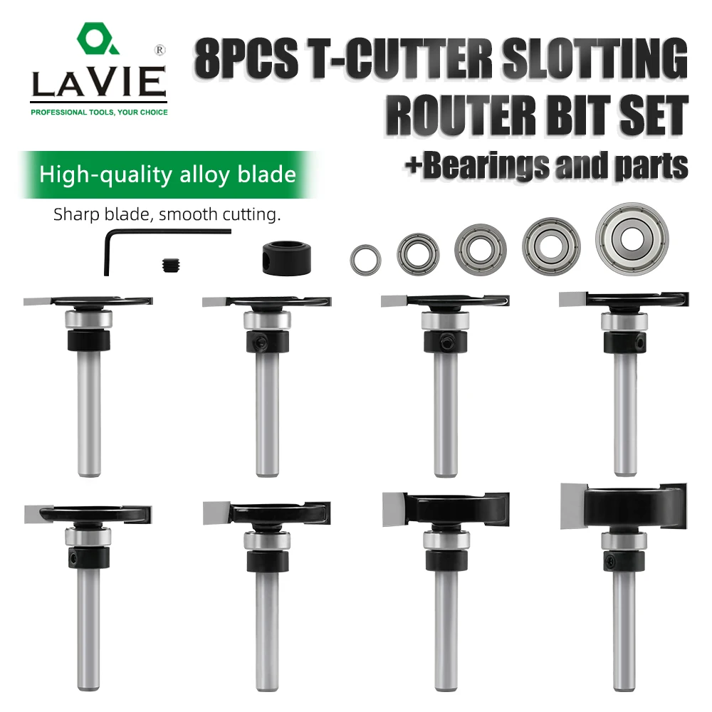LAVIE 6 1/4 8 12 1/2 Shank 8PCS T-Shape Cutter Set With Bearing & Screw Wrench Kit For Woodworking & Carving