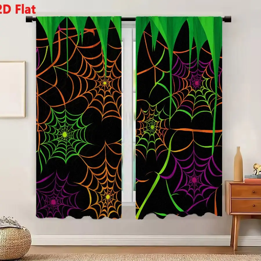 2Pcs Curtains 2D Flat Halloween Spider Web Design With Orange Green Purple Yellow Webs And Central Yellow Dots Plus Green Triang