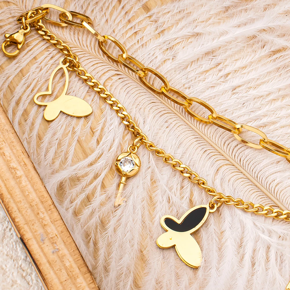 Charm-Armband Dubai Vergoldeter Edelstahl Schwarze Emaille Ineinandergreifende Kette Stern-Motiv Glücksbringer Schmuck-Accessoires 5-teiliges Set – Detail 17