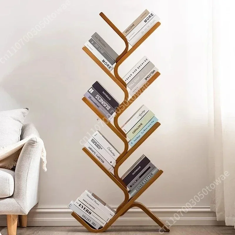 

Wave Tree-Shaped Bamboo Bookshelf, Narrow Vertical Wooden Bookcase, Freestanding Artistic Display Shelf for Home Decor