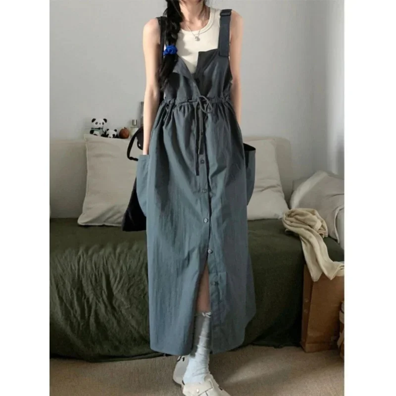 Casual Workwear Denim Suspender Skirt Set Sleeveless Inner Wear Vest Single-Buttoned Belted Waist Dress New Arrival Summer Wear