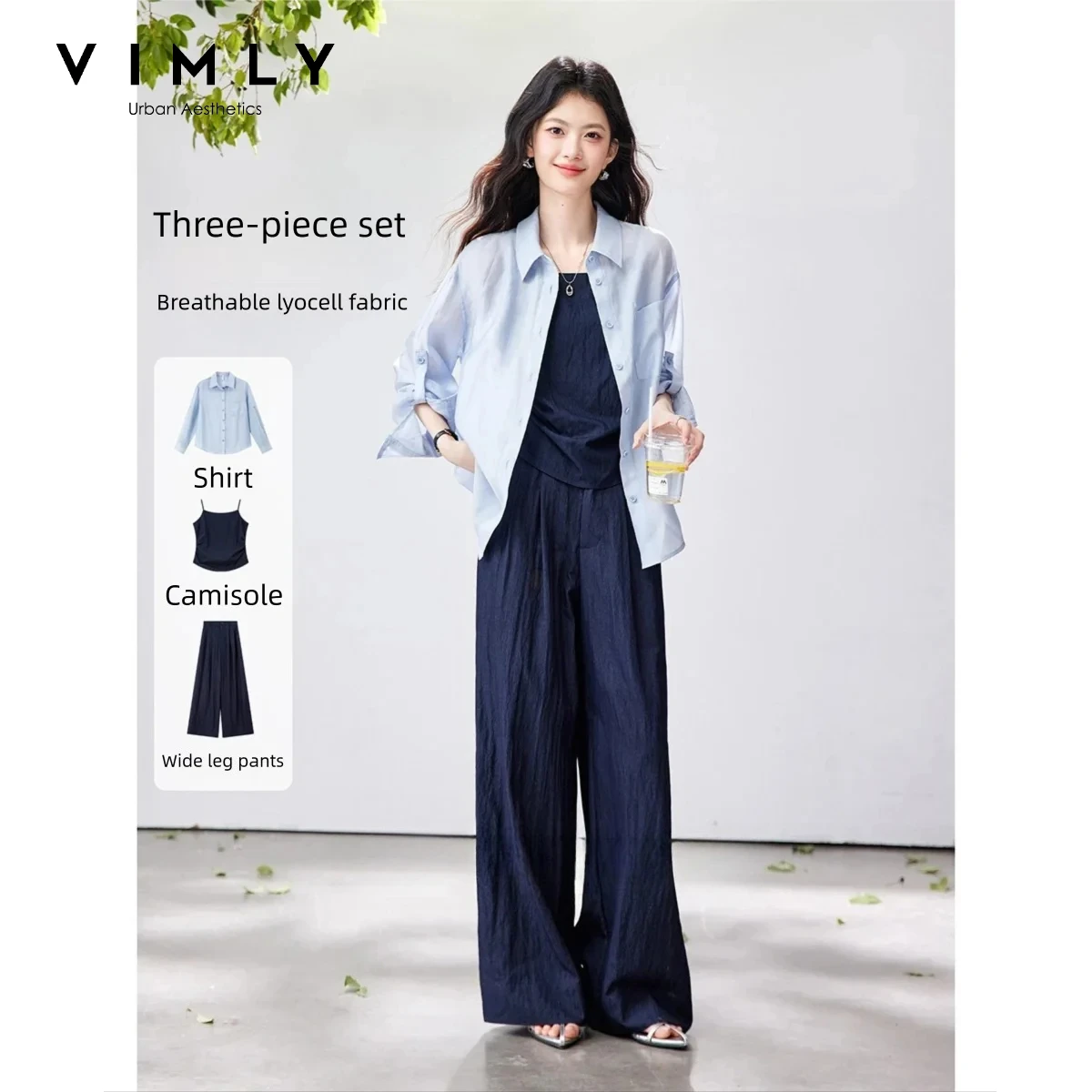 VIMLY Women's Three Piece Set Casual Commuter Pant Outfit 2026 Fall Long Sleeve Shirt Navy Camisole Wide-leg Pants Female A5390