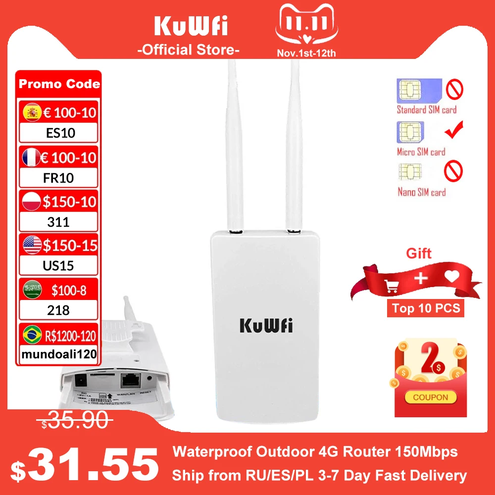 Top KuWFi Waterproof Outdoor 4G Router 150Mbps CAT4 LTE Routers 3G/4G SIM Card WiFi Router Modem for IP Camera/Outside WiFi