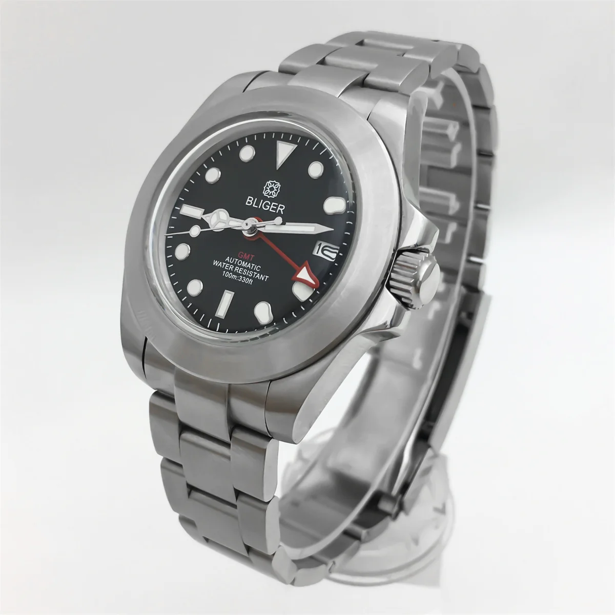 40 mm NH34A Herrenuhr, gebürstetes Edelstahlgehäuse, AR-Kuppelglas, schwarzes Zifferblatt, orange-rotes GMT-grünes, leuchtendes Edelstahlarmband