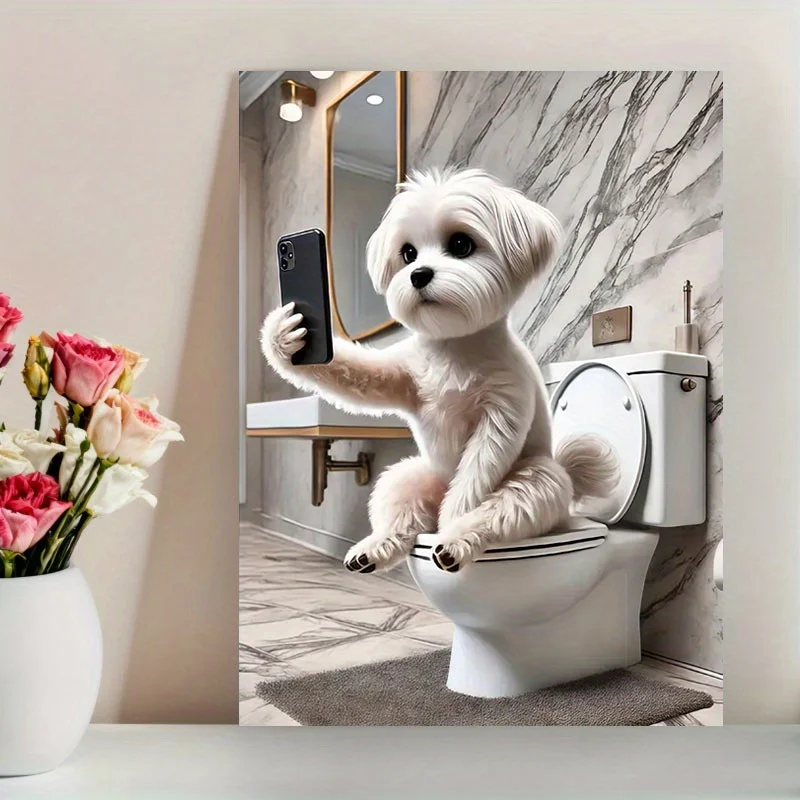 (No frame)2D Flat, 1pc Funny Modern Maltese Dog Taking Selfie on Toilet with Smartphone - Humorous Animal Poster Suitable for