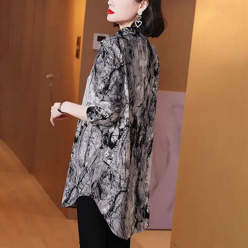 Vintage Printed Lapel Button Oversized Shirt Women's Clothing Autumn New Casual Tops All-match Loose Office Lady Blouse