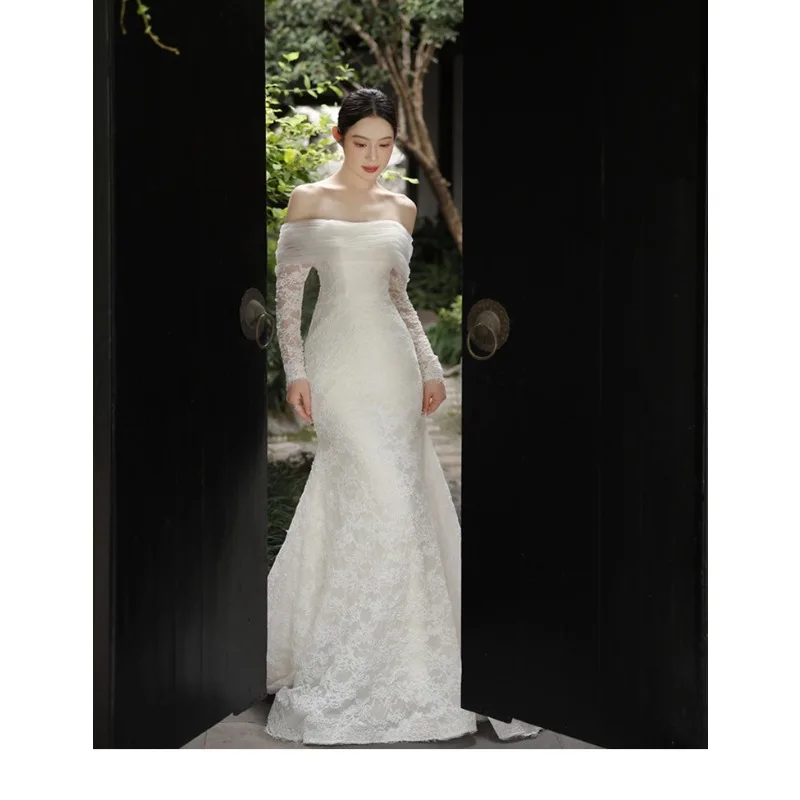 Gaun Pengantin Mermaid Putih Tanpa Bahu Lengan Panjang Berbahan Renda untuk Wanita, Gaun Pengantin Model Court Train yang Dapat Disesuaikan, Vestidos De Novia
