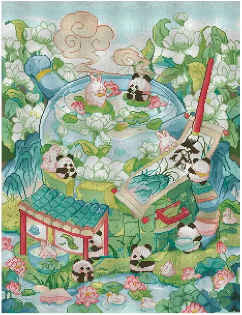 9ct 75X95cm Lotus Pandas Cartoon Pre-Printed Cross Stitch DIY Embroidery Set Handmade Handicraft Floss Needle Crafts