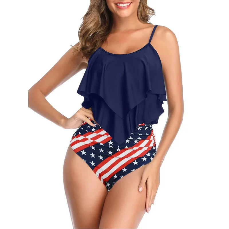 Traje de baño de dos piezas vendedor caliente para traje de baño Tankini con estampado de volantes y tirantes sueltos para mujer