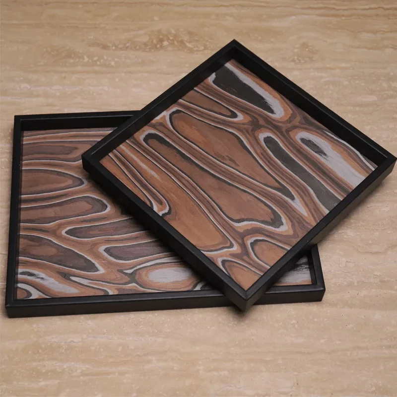 Wabi Sabi Black Leather Tray, Wooden Display Platter for Furniture Showroom & Coffee Table, Japanese Inspired Interior Decor
