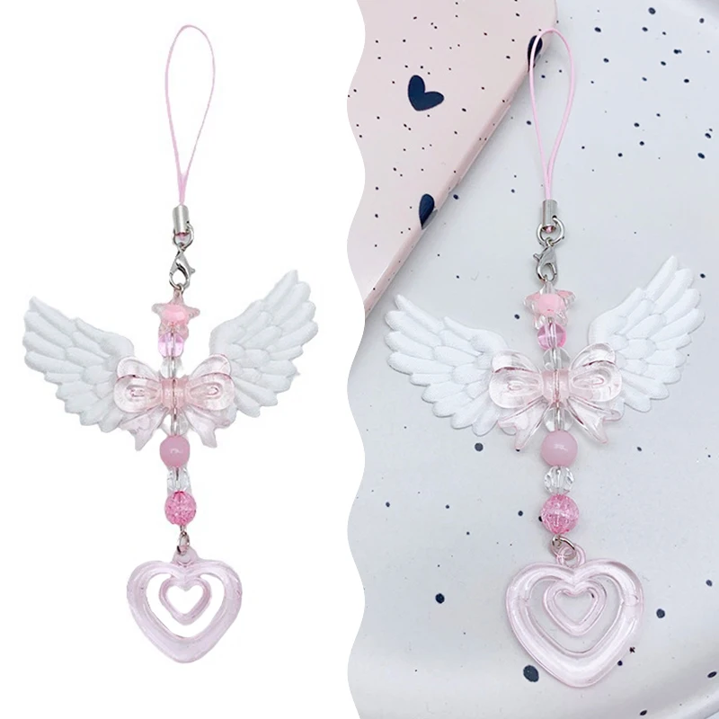 Bowknot Phone Chain Angel Wing Pendant Keychain Sweet Cool Key Phone Lanyard Acrylic Keyring Bag Ornament