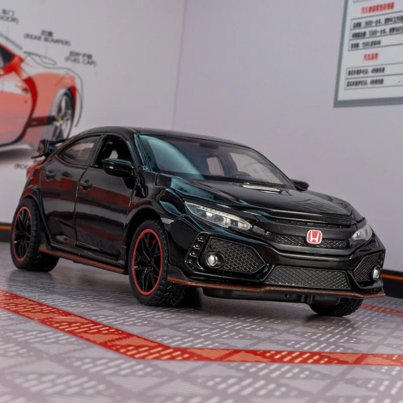 Colección de adornos de modelo de coche de aleación Honda Civic Type-R 1:32, puertas y capó de motor, el maletero se puede abrir para juguetes para niños