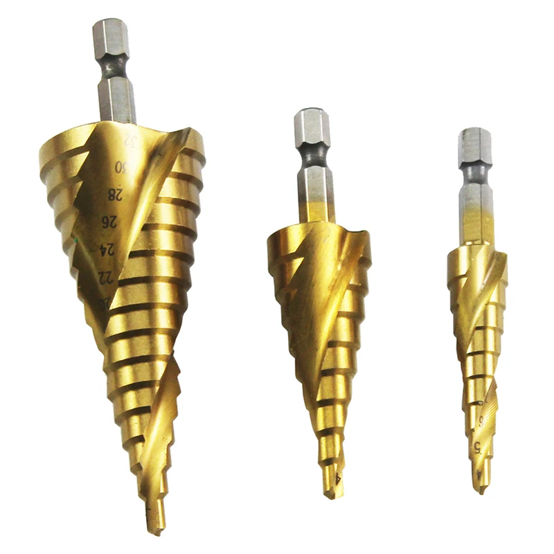 Fixmee  Hex Shank 4-12mm/4-20mm/4-32mm Titanium Coated Taper Point Drill Bits  Spiral Grooved Step Cone Drill Bits Set