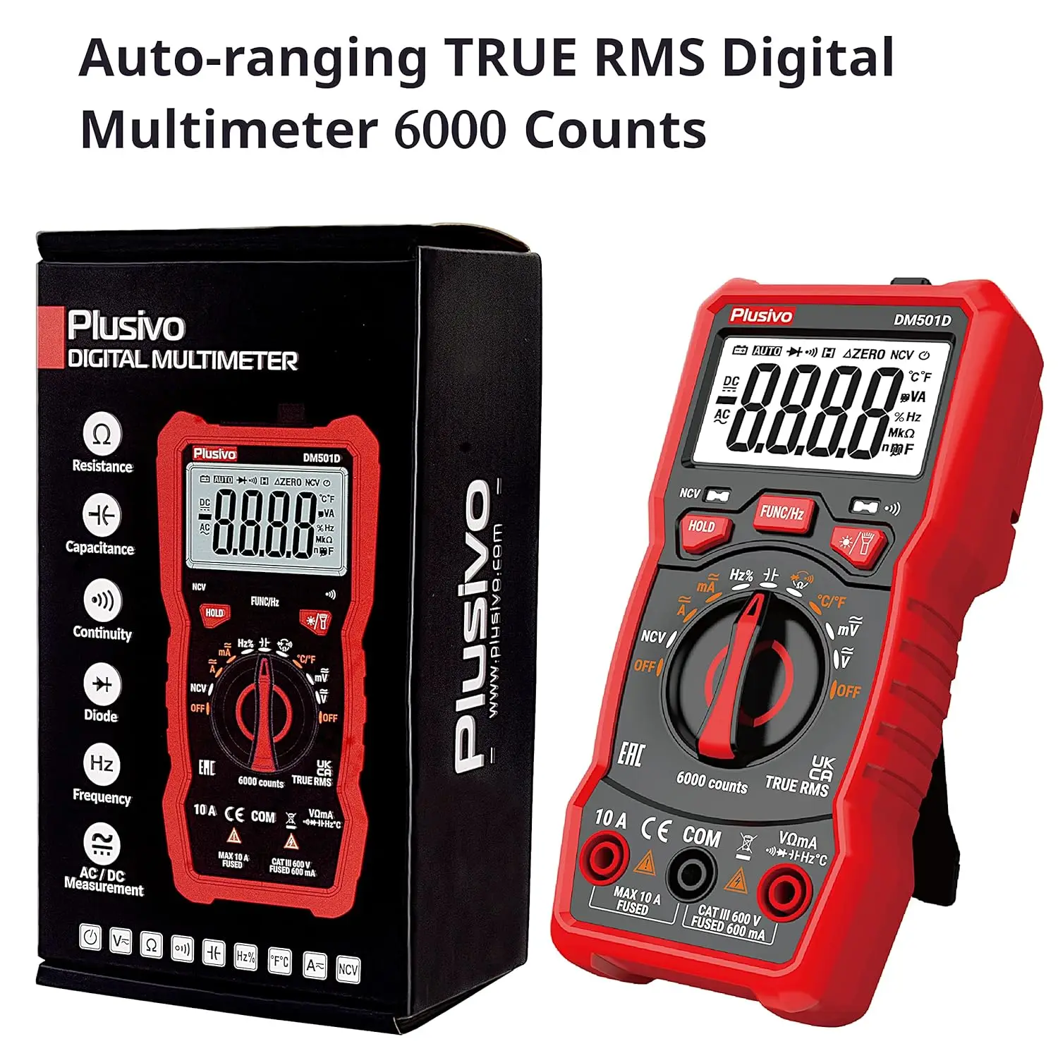 Digitalmultimeter 6000 Counts Auto Ranging TRMS AC/DC Voltmeter Ohm Amp NCV Diodentester mit Messleitungen