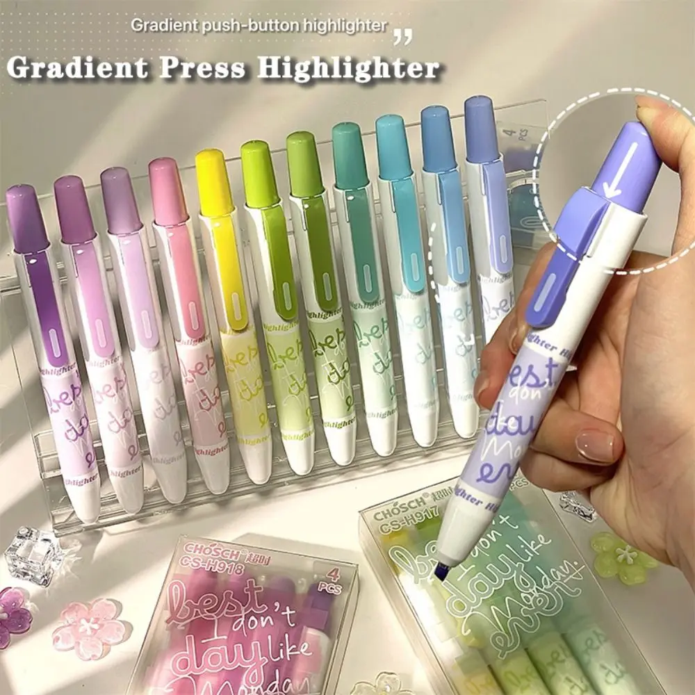 4pcs New Gradient Color Highlighter Press-Type Chisel Tip Highlighter Pen Fluorescent Pen DIY Journaling