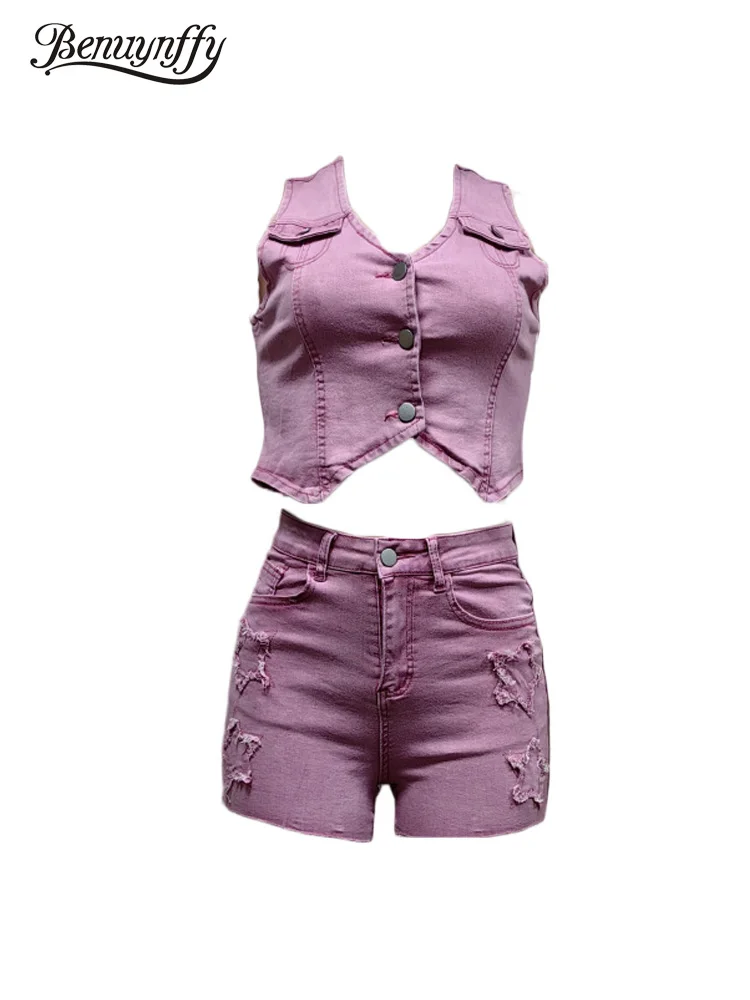 

Benuynffy Women 2 Piece Set Y2k Spring Summer V-neck Sleeveless Button Front Crop Denim Vest Elastic Raw Hem Jeans Shorts Sets