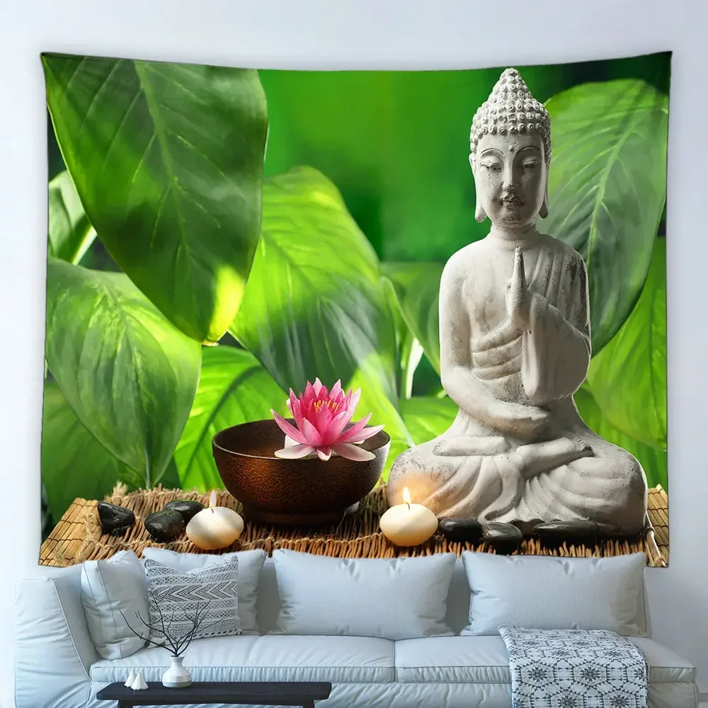 Indian Zen Tapestry Buddha Lotus Flower Green Plant Leaf Stone Wall Hanging Background Cloth Beach Towel Yoga Mat Blanket Decor