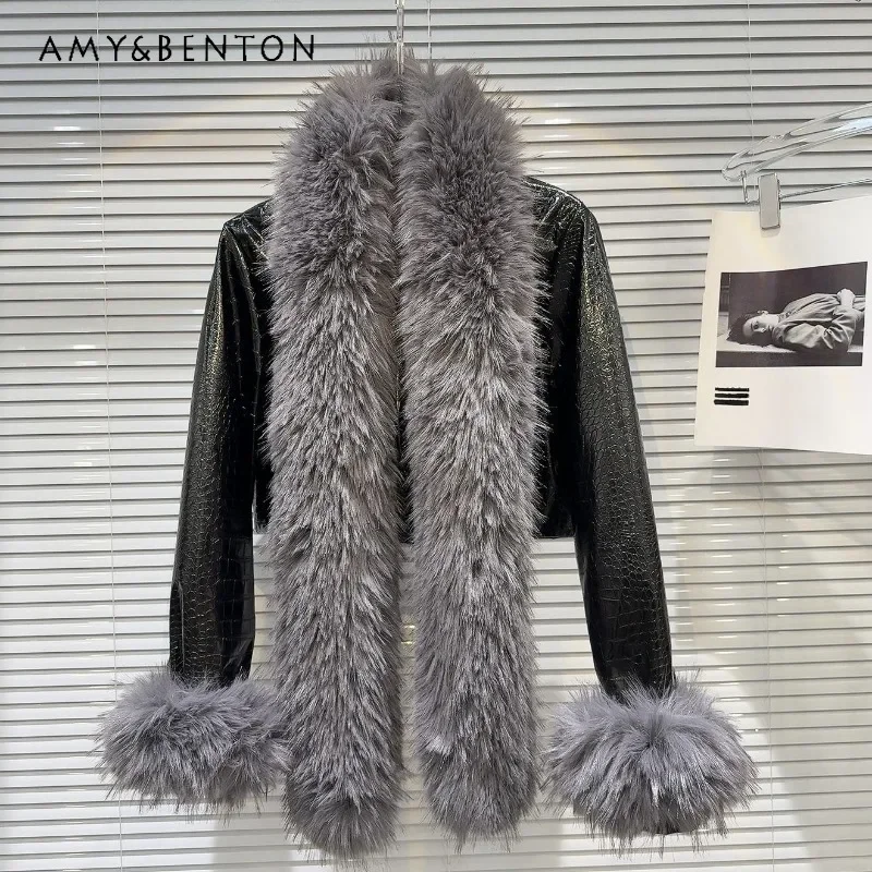 

2024 Winter Autumn Cool Big Fur Collar Sleeves Crocodile Texture Leather Down Liner Faux Leather Jacket Outwear Women's Clothing