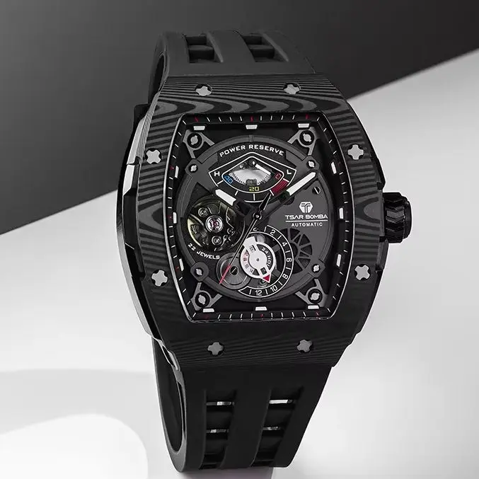 TSAR BOMBA Men's Carbon Fiber Automatic Watch Epson Movement Fluororubber Strap Sapphire Crystal 5ATMWater Resistant Sport Watch