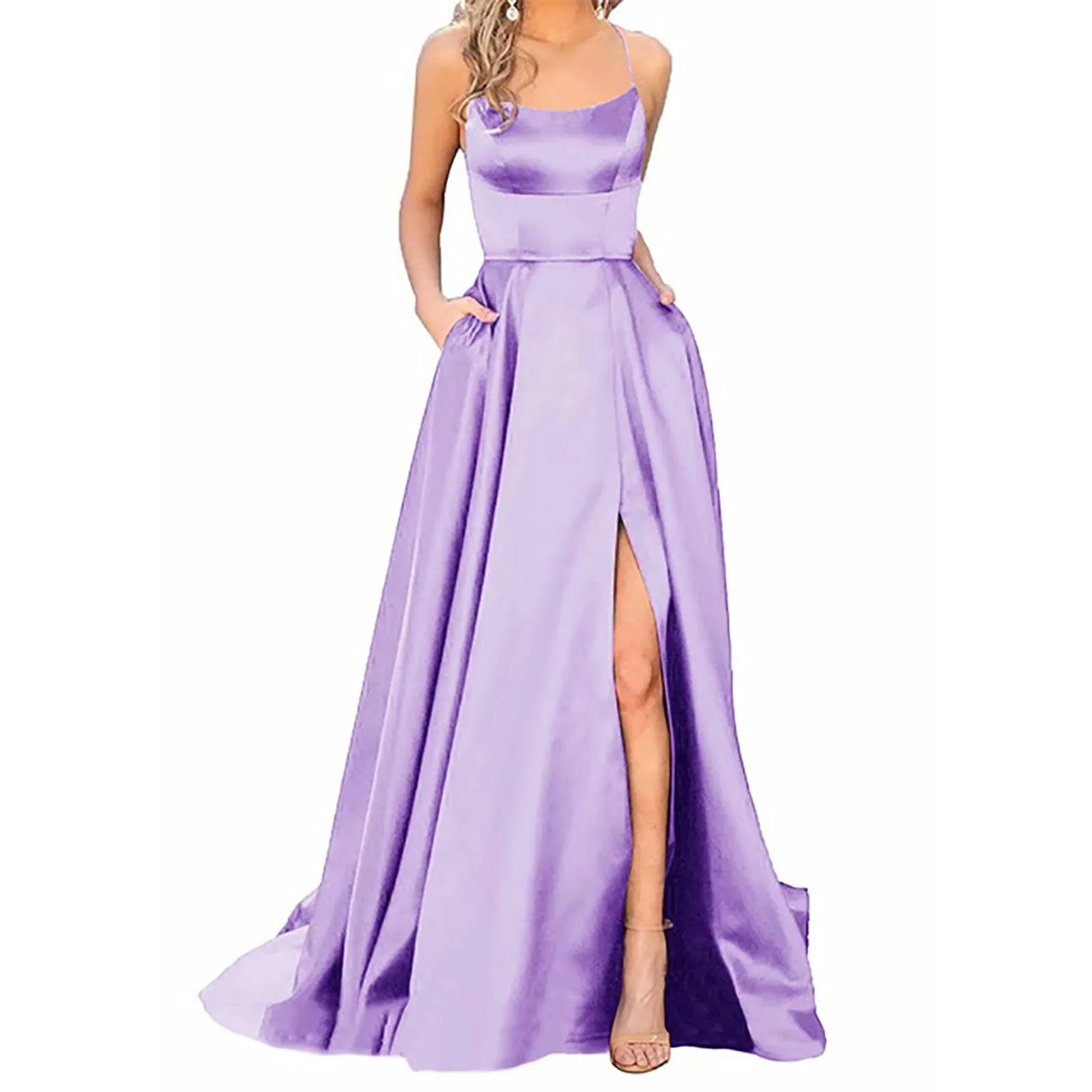 Vestidos de baile senhoras longo feminino elegante halter sem costas vestidos longos crisn cetim espaguete festa vestido de baile fenda lateral casamento