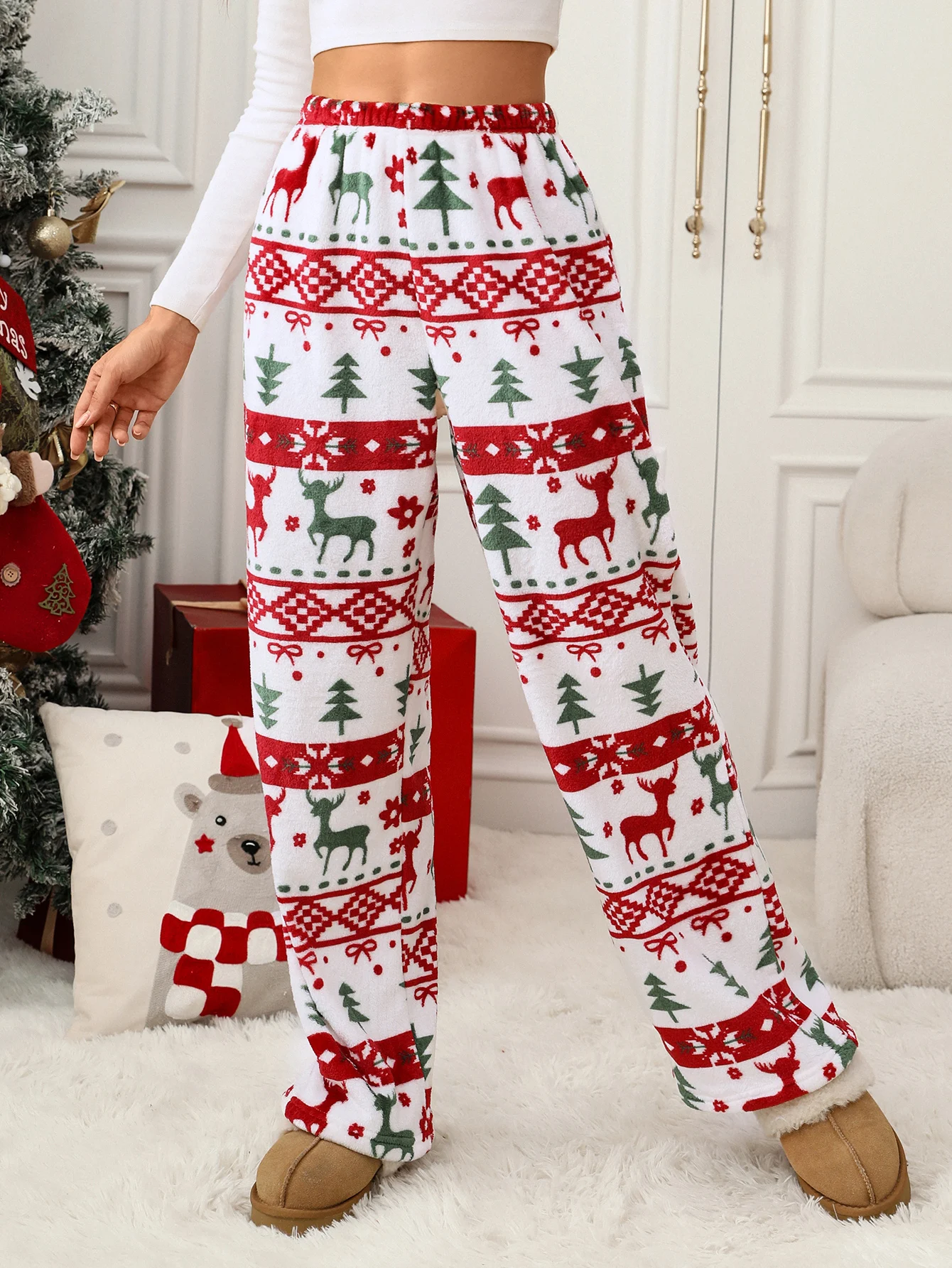 กางเกงขายาวผ้าพลัฌพิมพ์ลายกวางเรนเดียร์และต้นคริสต์มาสสำหรับผู้หญิง ดีไซน์หรูหรา สไตล์อบอุ่น