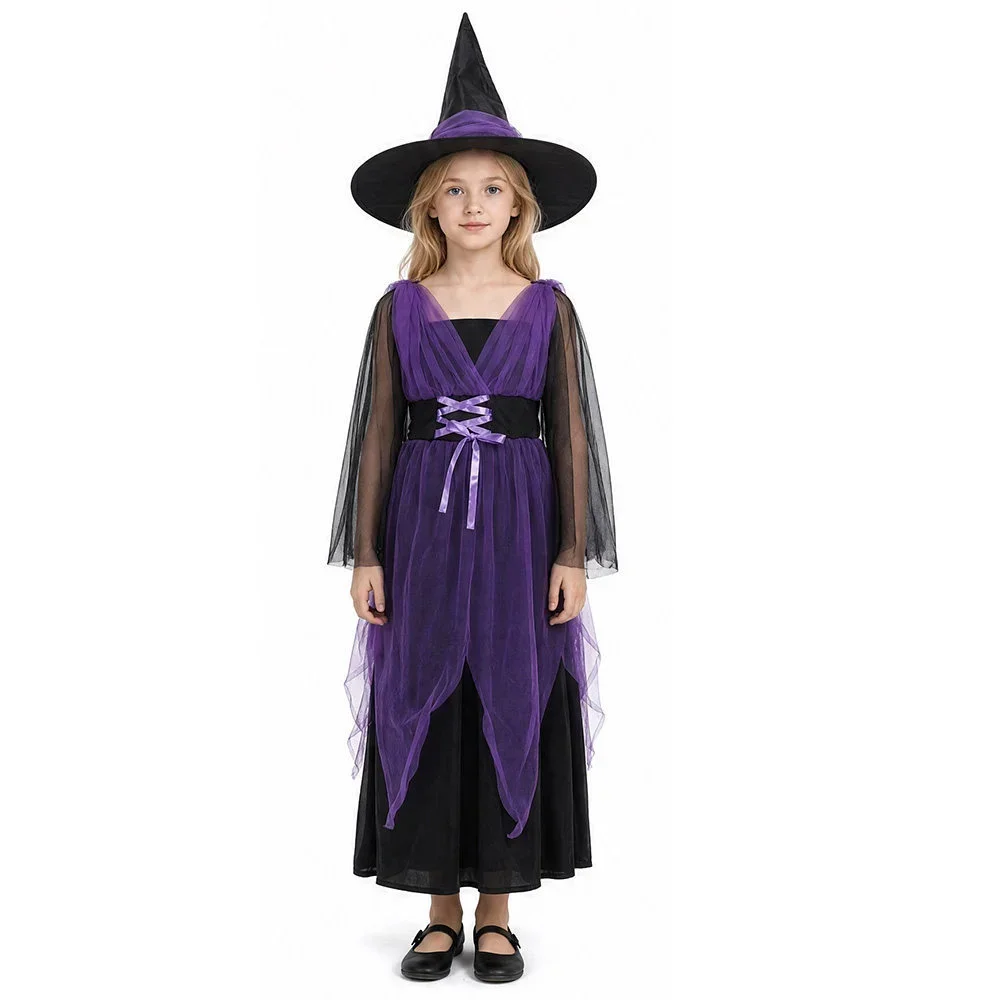 Halloween-Hexen-Kostüm-Geschenkset für Kinder, lila, schwarz, unregelmäßiges Tüllkleid, Hut, Party, Fotografie, Cosplay-Set – Detail 4