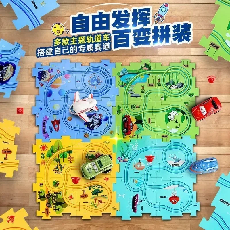 Kinder Puzzle Elektrische Eisenbahn Speeder DIY Montage Elektrische Auto Automatische Schiene Stadt Szene Bau Bildung Spielzeug Geschenk