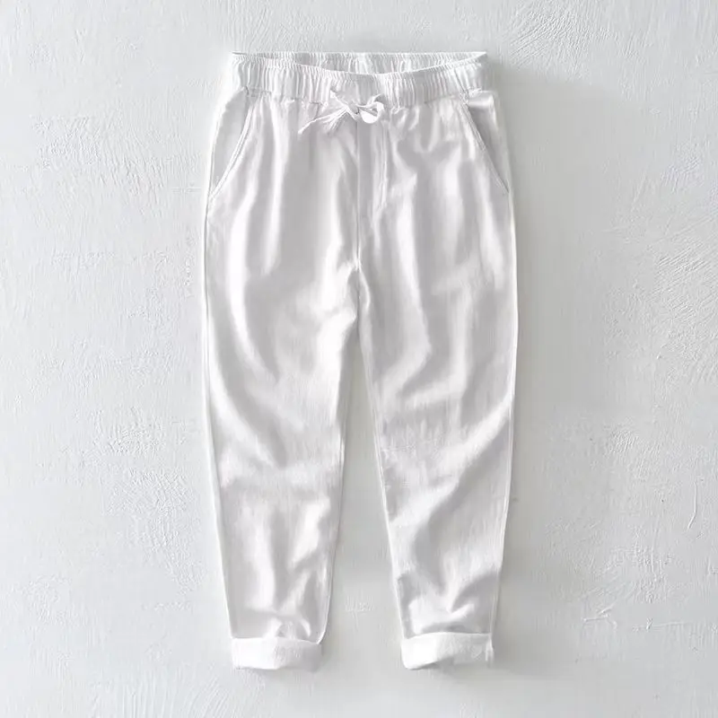 

Chinese style breathable drawstring elastic waist linen casual pants men's loose cotton linen long pants ramie beach pants chic