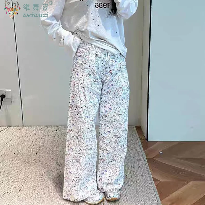 Cute Women's Jeans Cartoon Graffiti Fish Print Wide Leg Denim Pants Lady Casual High Waist Pants Loose Straight Jeans All Season