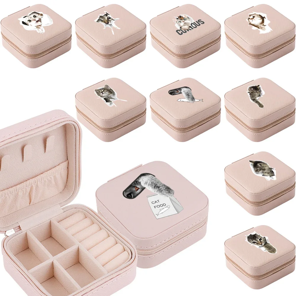 Jewelry Organizer Display Travel Jewelry Case Boxes Portable Cat Pattern Leather Storage Box Locket Necklace Earring Ring Holder