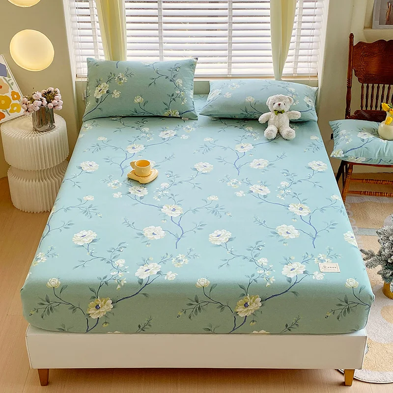 

Thickened Cotton Floral Plant Pattern Fitted Sheet Set Sage Green Soft and Breathable Mattress Protector Bedding（2 Pillowcases）