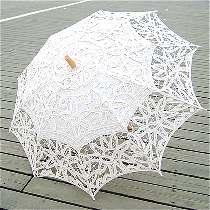 Handmade Parasol Lace Beige Umbrella Wedding Umbrella with Long Handle Photography Prop for Wedding Outdoor Sun